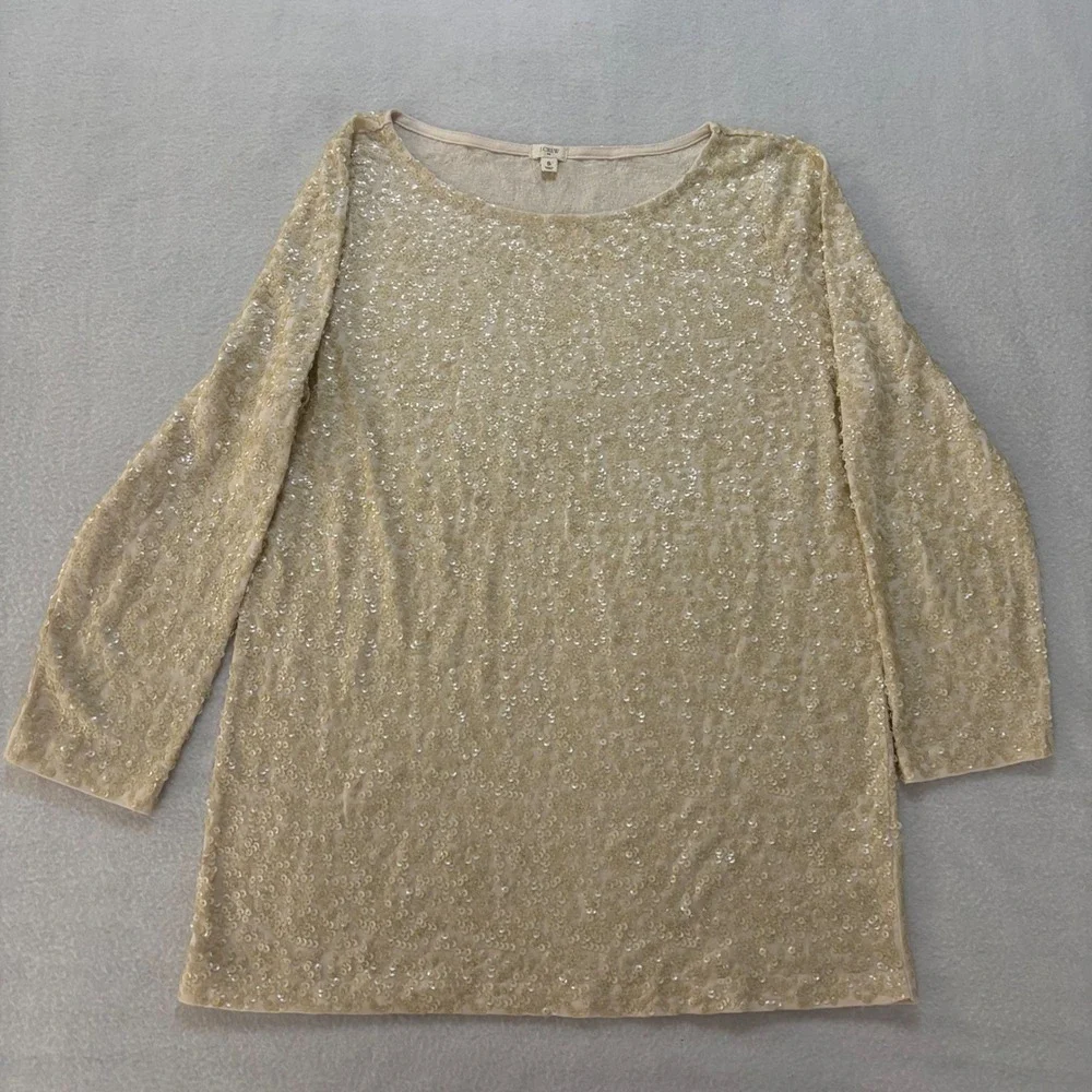 J.Crew Womens Ivory Sequin 3/4 Sleeve Boatneck Cotton Top Style 53161 Small